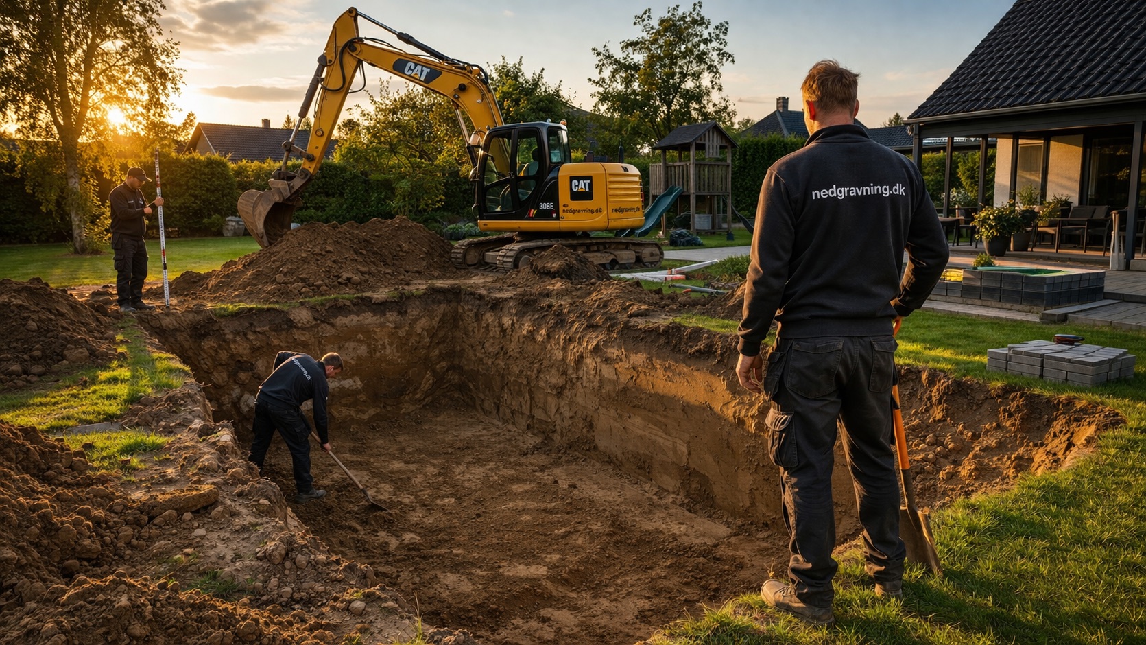 Professionel nedgravning — CAT gravemaskine og ekspert på arbejde